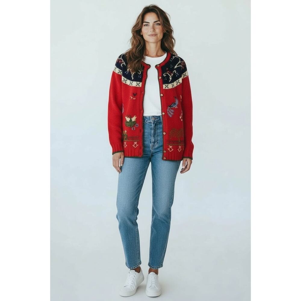 SKYR Vintage 100% Wool Holiday Cardigan Sweater Embroidered Red Women’s Size M